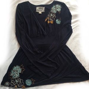 Deletta embroidered faux wrap top with tie in back